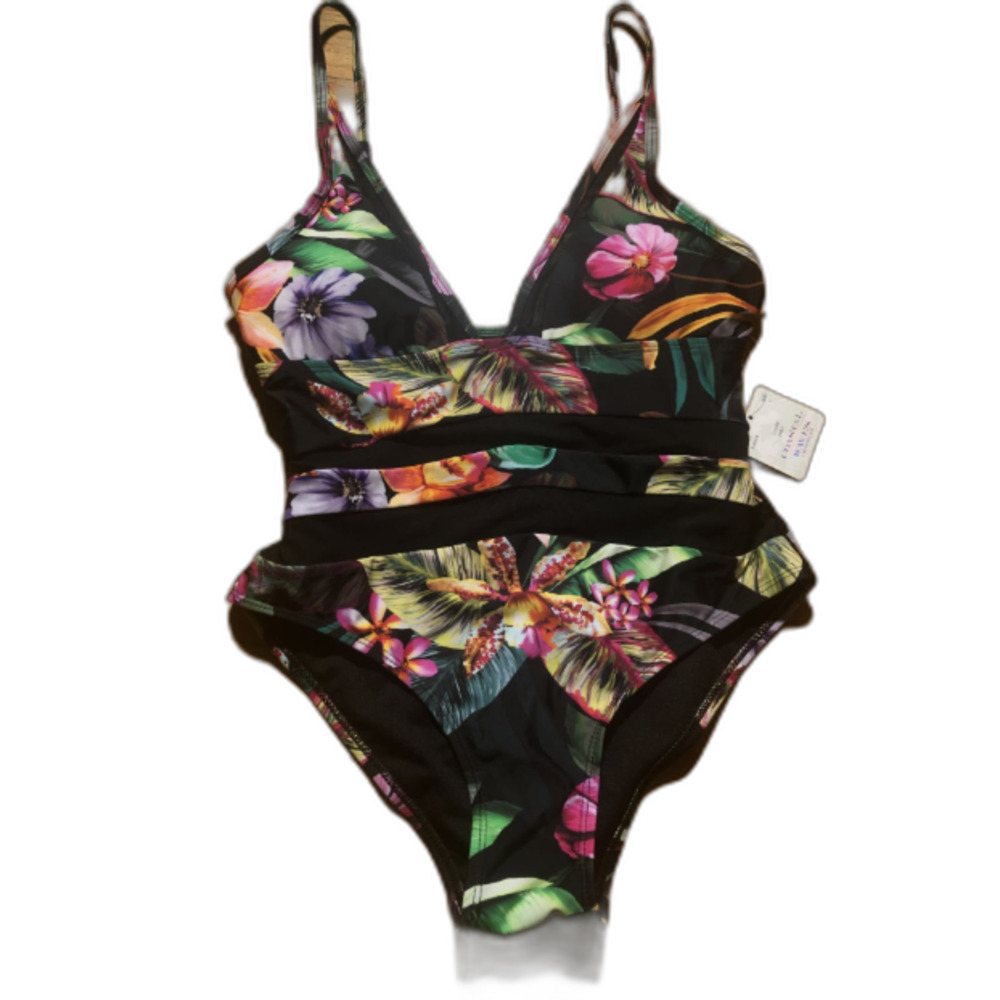 Coastal Waves Womens Black Floral Print One-Piece Bathing Suit - Small